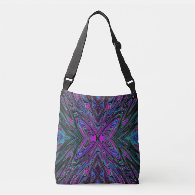 Bolso Cruzado Magenta trippy, mariposa abstracta azul y verde (Anverso)
