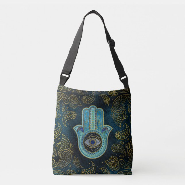 Bolso Cruzado Mano decorativa de Hamsa con el fondo de Paisley (Anverso)