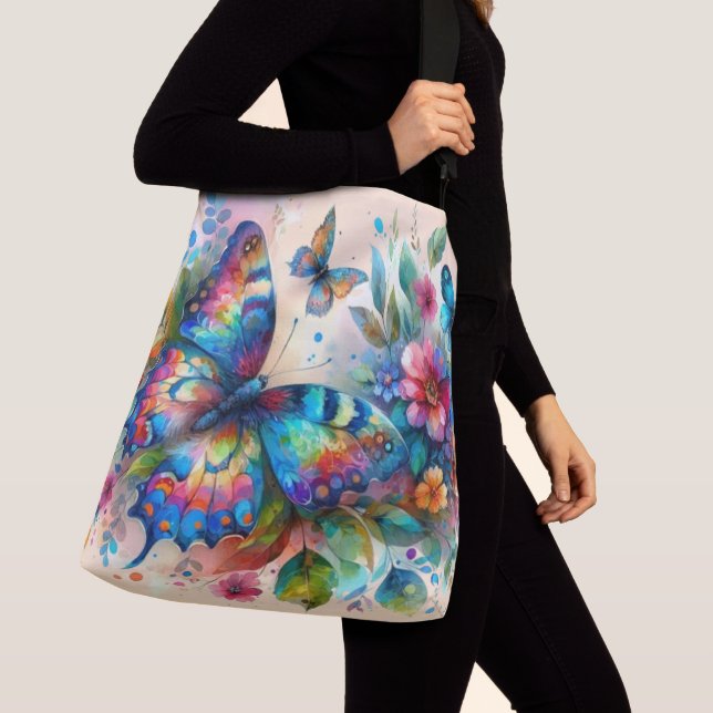 Bolso Cruzado Mariposa acuarela Flores Florales Rosa Azul (Detalle)