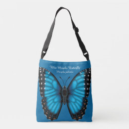 Bolso Cruzado Mariposa azul de Morpho dorsal y ventral