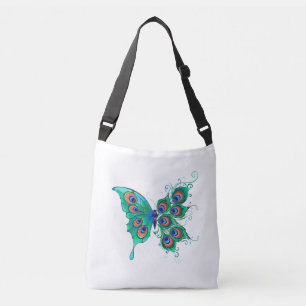 Bolso Cruzado Mariposa con plumas de pavo real verde