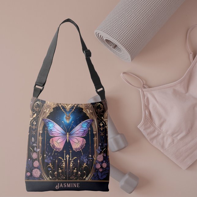 Bolso Cruzado Mariposa de estilo Ornate Pink Blue Gold (Butterfly Lover Pink Blue Gold Stylish Crossbody Tote Bag)