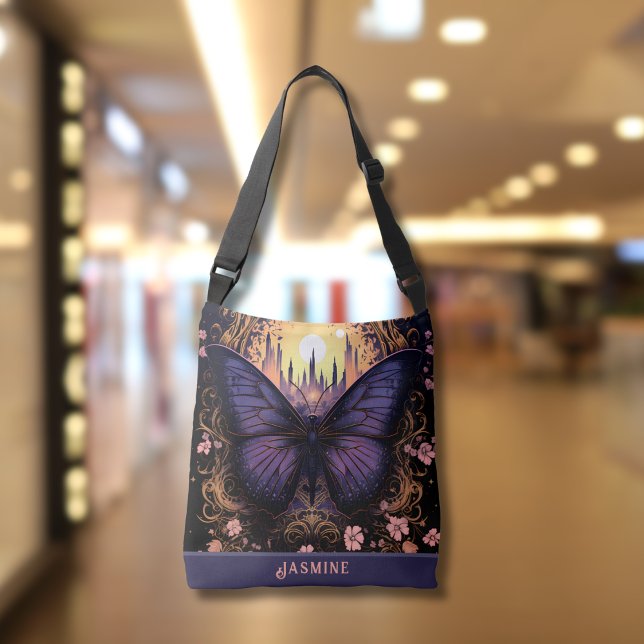 Bolso Cruzado Mariposa rosa rosada morada de moda (Trendy Purple Pink Yellow Butterfly Crossbody Tote Bag)