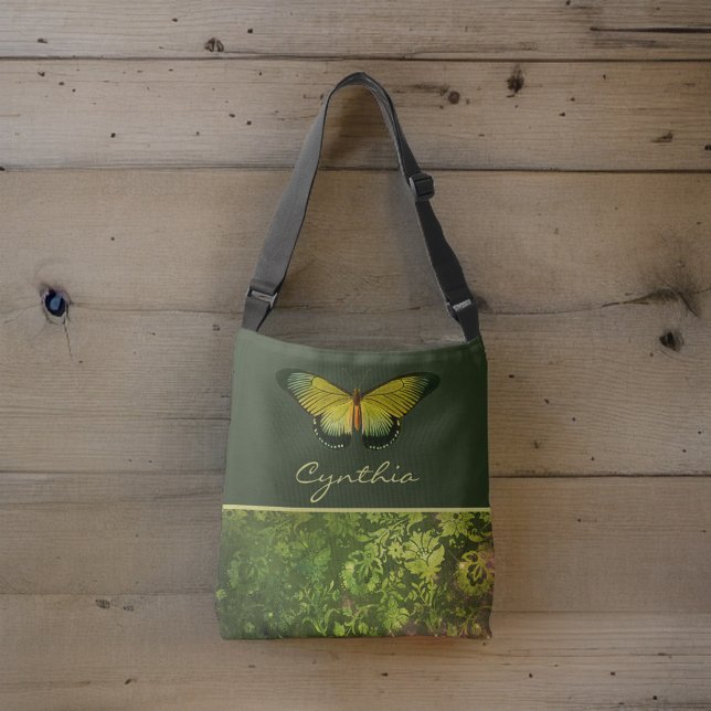 Bolso Cruzado Mariposa verde dorada con monograma de follaje boh (Subido por el creador)