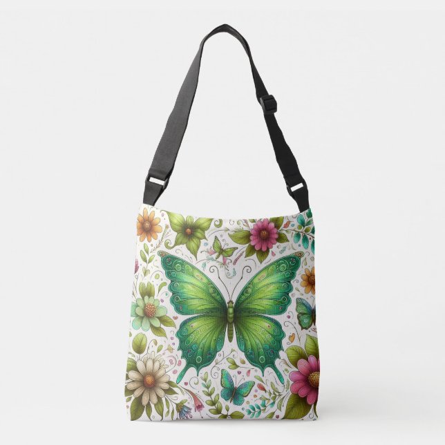 Bolso Cruzado Mariposa verde rodeada de flores (Anverso)