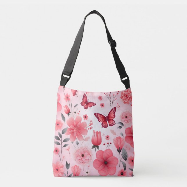 Bolso Cruzado Mariposa y floral rosa (Anverso)