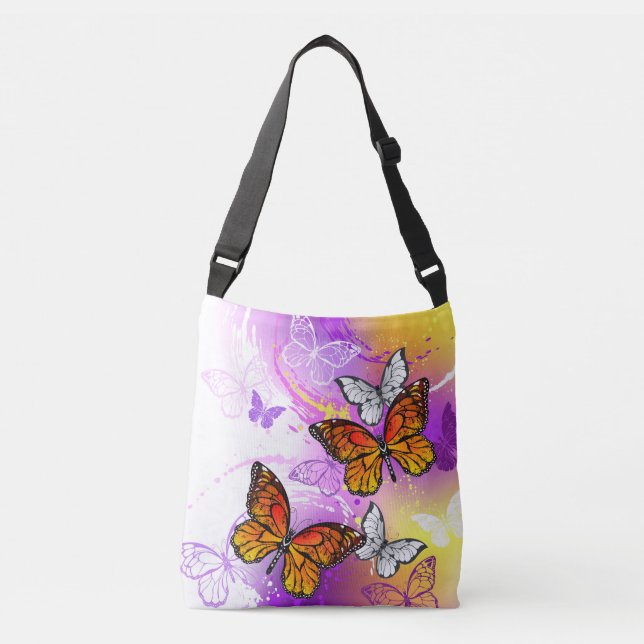 Bolso Cruzado Mariposas monarcas en fondo morado (Anverso)
