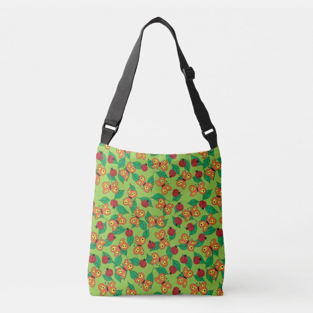 Bolso Cruzado Mariposas y adybugs en hojas verdes (Anverso)