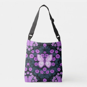 Bolso Cruzado Mariposas y simetría floral, violeta y azul