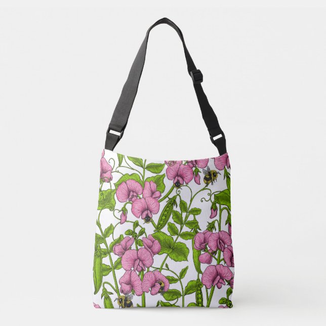 Bolso Cruzado Melocotones y abejorros, rosa, verde y blanco (Anverso)