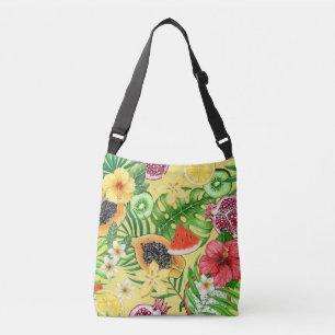 Bolso Cruzado Mezcla tropical, flores y hojas en amarillo