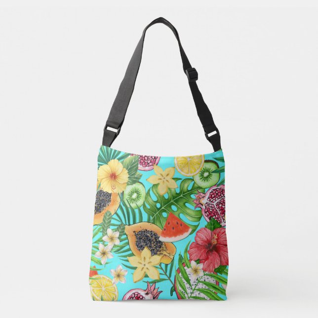 Bolso Cruzado Mezcla tropical, flores y hojas en azul (Anverso)
