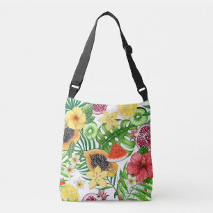 Bolso Cruzado Mezcla tropical, flores y hojas en blanco