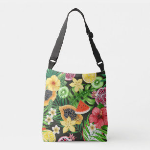 Bolso Cruzado Mezcla tropical, flores y hojas en negro
