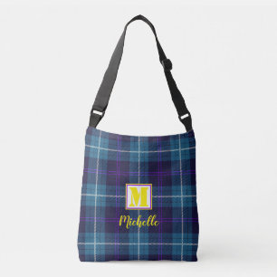 Bolso Cruzado Moda Blue Tartan Personalized Monogram Script Name