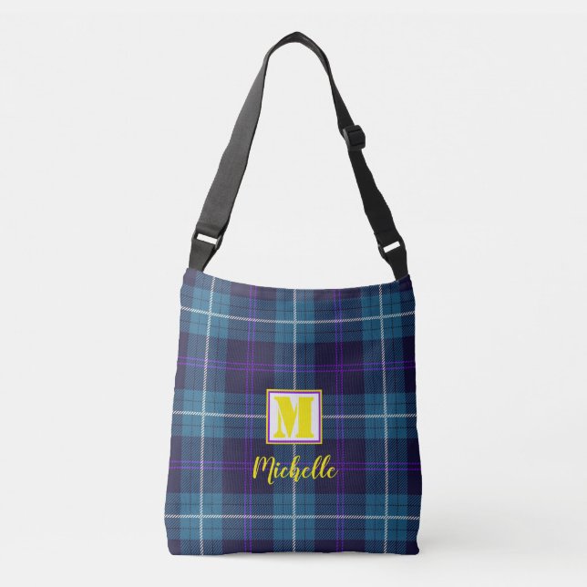 Bolso Cruzado Moda Blue Tartan Personalized Monogram Script Name (Anverso)