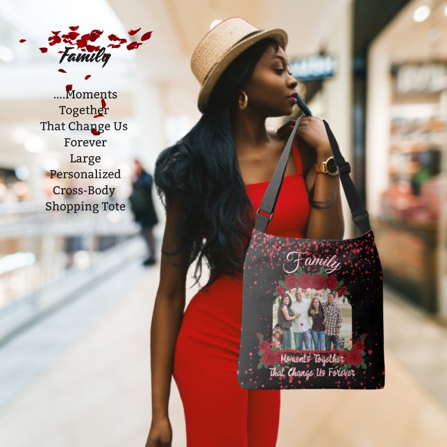 Bolso Cruzado Modern Black Red Roses Family Photo Quote Floral (Black cross-body tote with your family photo, red roses and petals, and special quote about family)