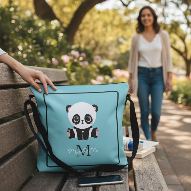 Bolso Cruzado Monograma Cute Panda Azul Nombre Personalizado (Subido por el creador)