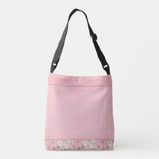 Bolso Cruzado Monograma de acuarela floral de Polkadot rosa (Reverso)