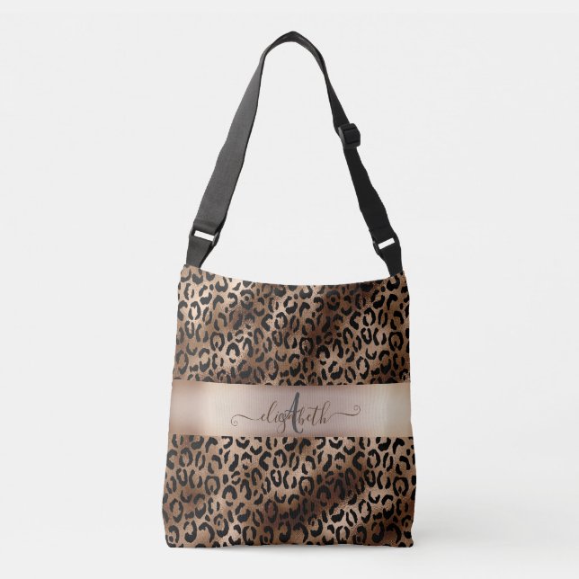 Bolso Cruzado Monograma de bronce negro patrón leopardo (Anverso)