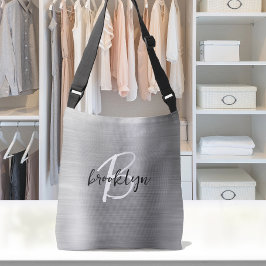 Bolso Cruzado Monograma de guión blanco negro de metal cepillado
