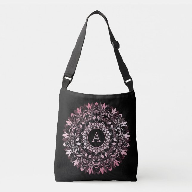 Bolso Cruzado Monograma de Mandala negra metalúrgica rosa de mod (Anverso)