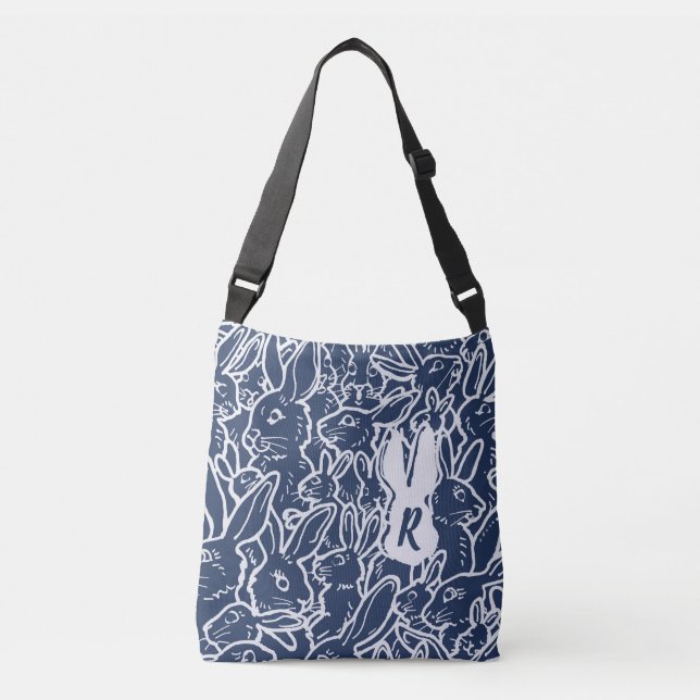 Bolso Cruzado Monograma del patrón de Doodle de conejo azul de l (Anverso)