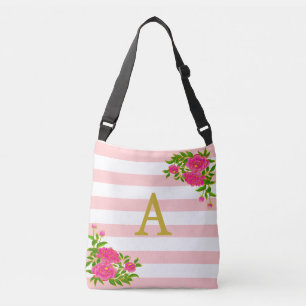 Bolso Cruzado Monograma dorado en rayas rosadas y blancas