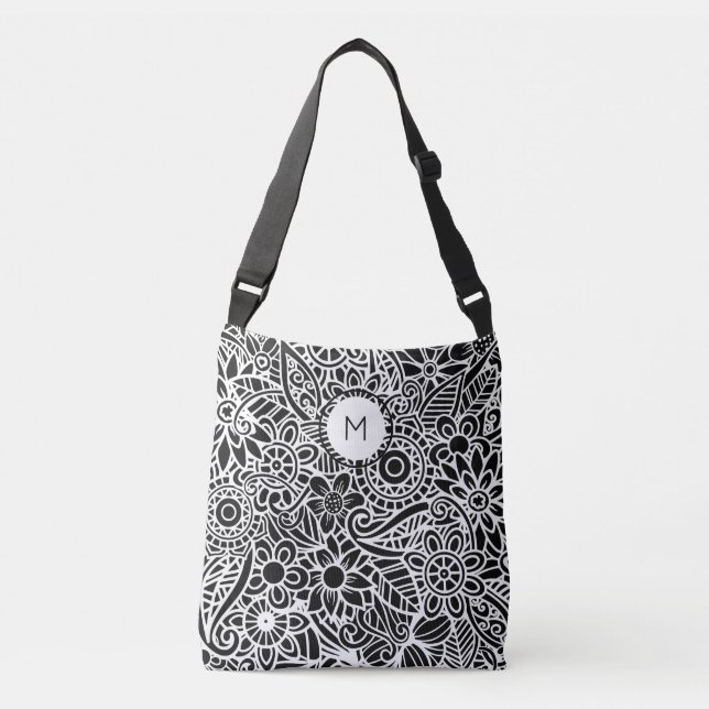 Bolso Cruzado Monograma Inicial Floral Mandala Negro Blanco (Anverso)