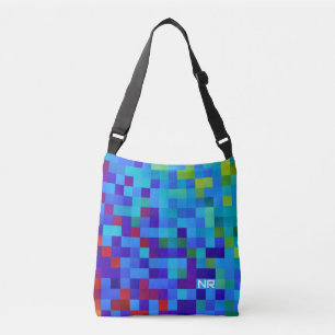 Bolso Cruzado Monograma rojo azul geky del patrón de píxeles de 