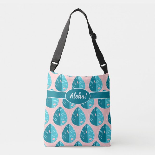 Bolso Cruzado Monstera Leaves - Blue and Pink (Anverso)