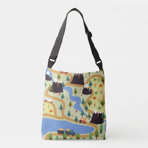 Bolso Cruzado Montañas, ríos, bosque, patrón de autos.