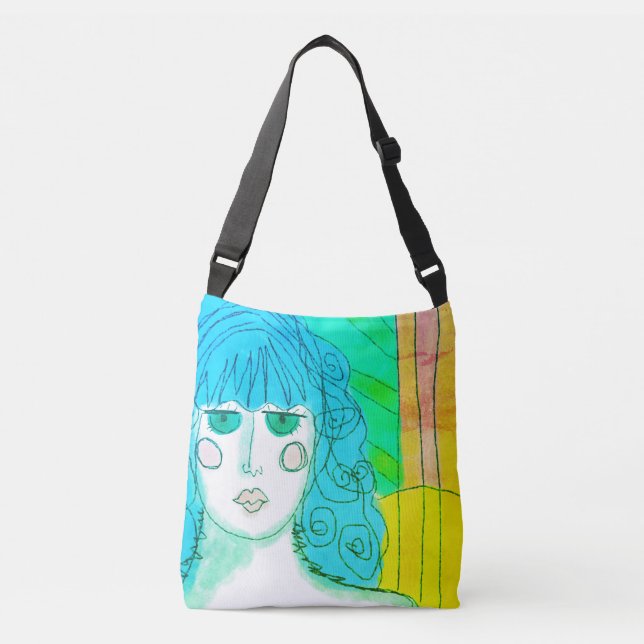 Bolso Cruzado Mujer con arte abstracto de pelo azul (Anverso)