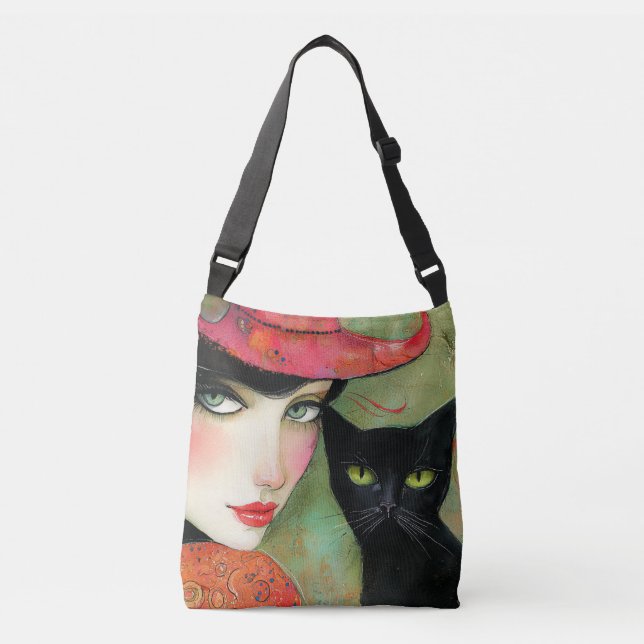 Bolso Cruzado Mujer moda y gato negro (Anverso)