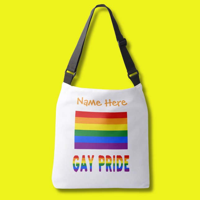 Bolso Cruzado Naranja de bandera arcoiris del orgullo gay person (Crossbody bag with Gay Pride Rainbow Flag and the words GAY PRIDE below. Above add a name in orange )