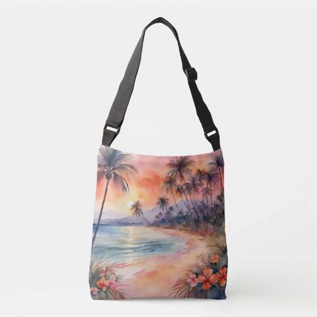 Bolso Cruzado Naranja Pink Sunset Tropical Beach Palm Trees (Anverso)