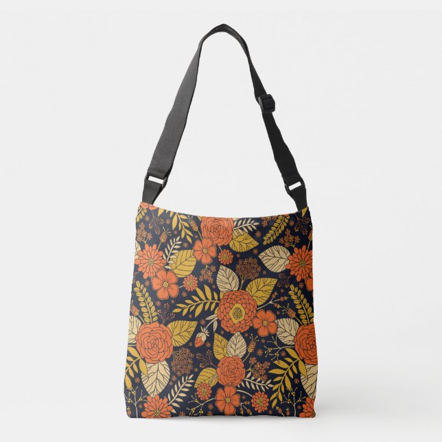 Bolso Cruzado Naranja retro, floral amarilla y marina  (Anverso)