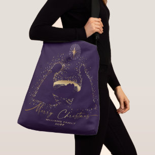 Bolso Cruzado Nativity Manger Navidades Purple Gold Custom Name