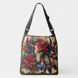 Bolso Cruzado Navidades Cow Bull Skull Poinsettias Feathers
