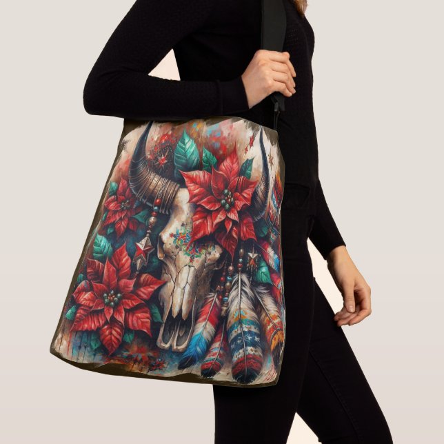 Bolso Cruzado Navidades Cow Bull Skull Poinsettias Feathers (Detalle)