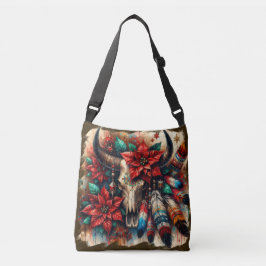 Bolso Cruzado Navidades Cow Bull Skull Poinsettias Feathers