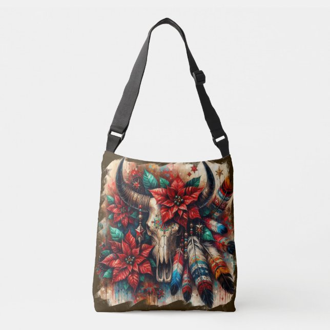 Bolso Cruzado Navidades Cow Bull Skull Poinsettias Feathers (Anverso)