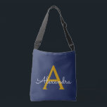 Bolso Cruzado Navy Blue Gold Girly Script Monograma moderno<br><div class="desc">Aniversario del oro y azul marino,  ducha de bebé o despedida de soltera para alguien que ama el lujo glam y los estilos de moda.</div>