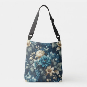 Bolso Cruzado Negrita en azul y delicadas flores de crema 