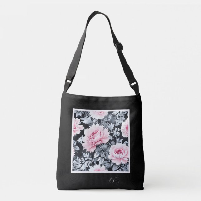 Bolso Cruzado negro y rosa elegante floral moderna (Reverso)