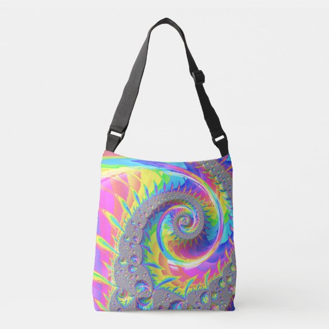 Bolso Cruzado Neon Rainbow Spiral Fractal Resumen Arte Digital (Anverso)