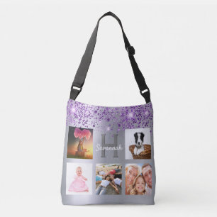 Bolso Cruzado Nombre del collage de fotos del purpurina púrpura