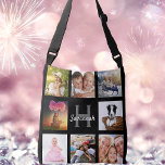 Bolso Cruzado Nombre del monograma del collage de fotos del pers<br><div class="desc">Un regalo único para un cumpleaños, Navidades, el día de la madre, celebrando su vida con un collage de 8 fotos, fotos propias. Personalice y añada su nombre y letra de monograma. Un elegante fondo negro. El nombre está escrito con una escritura de estilo con letras a mano moderna. También...</div>