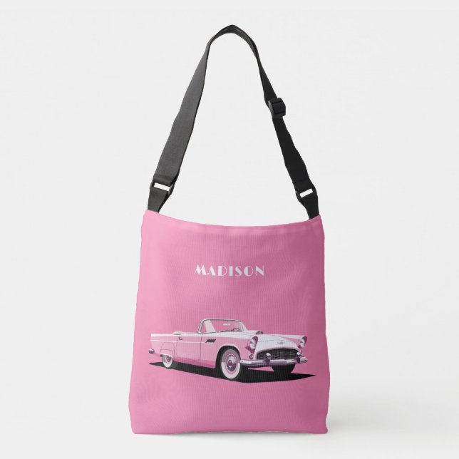Bolso Cruzado Nombre personalizado Coche clásico rosado (Anverso)