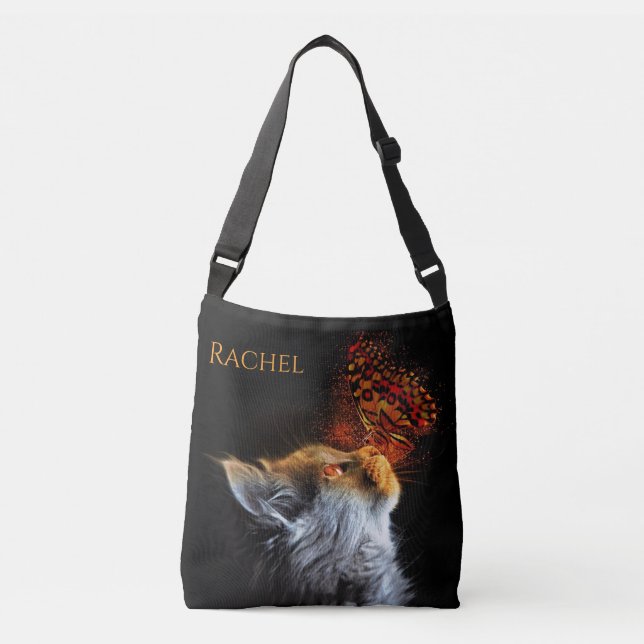 Bolso Cruzado Nombre personalizado de la mariposa del gato besa  (Anverso)
